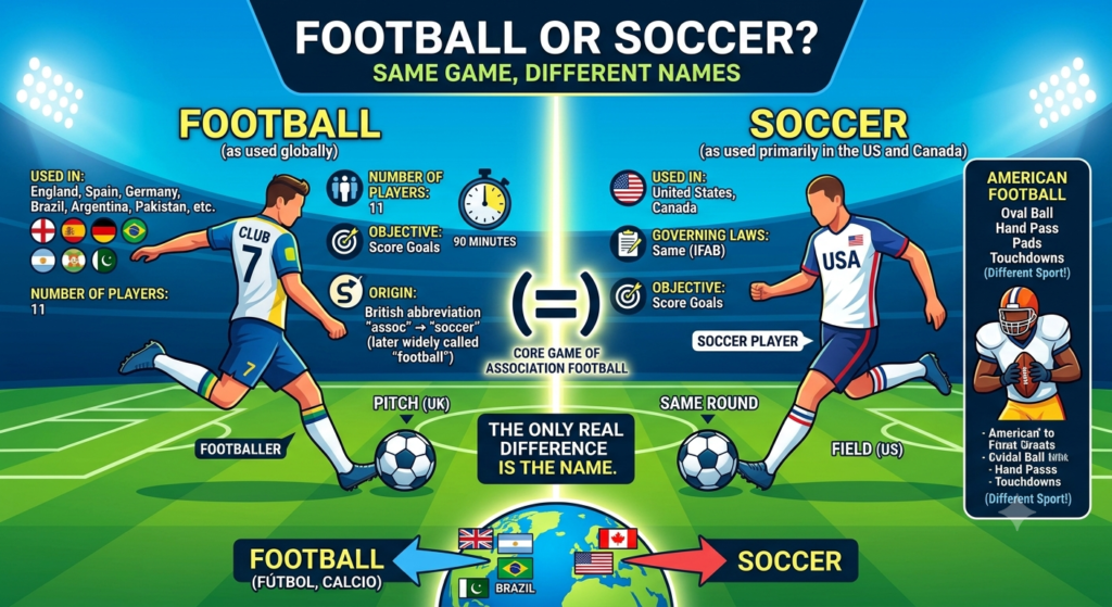 Difference Between Football and Soccer: Are They the Same Game? create imag according to article:The terms football and soccer often create confusion, especially when people from different countries talk about the sport. A fan in England may say they love football, while a fan in the United States may say they love soccer. At first, this can sound like they are talking about two different games. In most cases, however, they are talking about exactly the same sport. Football and soccer both describe the game played between two teams of 11 players, where the main objective is to score goals by putting a round ball into the opponent's net. Players mainly use their feet, although they can also use other parts of their body except their hands and arms. So why do some people call it football while others call it soccer? The answer is mainly connected to history, language, and the development of different sports in different countries. The rules of the game are generally the same, but the name used can change depending on where you are in the world. What Is the Main Difference Between Football and Soccer? The main difference is the name. In most countries, including England, Spain, Germany, Brazil, Argentina, Pakistan, and many others, the sport is called football. In the United States and Canada, the same sport is commonly called soccer. This means that when someone says: “I watched a football match last night.” and another person says: “I watched a soccer game last night.” They may be talking about the same sport. Here is a simple comparison: FeatureFootballSoccerMain Name Used InMost countriesMainly the United States and CanadaNumber of Players11 per team11 per teamMain ObjectiveScore goalsScore goalsBallRoundRoundMain Body Part UsedFeetFeetGoverning LawsSameSameMatch LengthUsually 90 minutesUsually 90 minutes The game itself does not suddenly change because it is called football in one country and soccer in another. Why Is It Called Football? The word football has been used for centuries to describe different games played on foot. In Britain, several versions of football developed over time. Eventually, different forms of the sport received official rules. Two of the most important versions were: Association football Rugby football Association football eventually became the game that is now known worldwide as football or soccer. The word football was therefore a natural name because the sport mainly involved players using their feet to control and move the ball. Today, billions of people simply call the sport football. Where Did the Word "Soccer" Come From? Many people believe that the word soccer was invented in the United States. Surprisingly, that is not true. The term actually developed in England. During the 19th century, the sport was officially known as association football. British students began shortening words and creating informal versions of names. "Association" became "assoc," which later developed into the term soccer. The name helped people distinguish association football from other types of football, especially rugby football. Over time, the word soccer became less common in Britain, while it remained popular in countries such as the United States. So, both words have strong historical connections to the same game. Why Do Americans Call It Soccer? The United States already had a popular sport called American football. American football developed from earlier forms of football and rugby but eventually became a completely different sport with its own rules, equipment, and playing style. Because the name football was already strongly associated with American football in the United States, the term soccer became useful for describing association football. This prevented confusion between the two sports. For example: American football = NFL-style football Soccer = the global game played with a round ball and goals That is why American sports fans usually say soccer when talking about international football. Football vs Soccer Rules The rules of football and soccer are the same because they refer to the same game. A standard match normally involves: Two teams Eleven players on each side One goalkeeper per team Two halves A referee A rectangular pitch Goals at both ends The main objective is to score more goals than the opposing team. Players use their feet to pass, dribble, tackle, and shoot. They can also use their head, chest, and other parts of the body, but deliberate use of the hand or arm is generally not allowed. The goalkeeper is the only player who can normally use their hands, and only within their own penalty area. Football vs Soccer: The Playing Field There is also no real difference between the football pitch and the soccer field when referring to the same sport. The terminology may change depending on the country. In the United Kingdom, the playing area is commonly called a pitch. In the United States, it is often called a field. Both describe the same basic area where the match is played. Common Football TermCommon Soccer TermPitchFieldFootball matchSoccer gameFootballerSoccer playerManagerCoachFootball clubSoccer club Again, the differences are mostly linguistic rather than sporting. Football vs Soccer Equipment Players in football and soccer use the same basic equipment. A standard player wears: Shirt or jersey Shorts Socks Shin guards Football boots or cleats The ball is also the same type of round ball used in international competitions. There is no separate "soccer ball" with different rules or a special "football ball" used only in Europe. The name may change, but the equipment is essentially the same. Is American Football the Same as Football? No. This is where much of the confusion begins. In the United States, the word football usually refers to American football, which is a completely different sport from soccer. American football uses an oval-shaped ball and involves frequent passing with the hands. Players wear helmets and heavy protective equipment. Football, or soccer, uses a round ball and is mainly played with the feet. Here is a comparison: FeatureFootball/SoccerAmerican FootballBall ShapeRoundOvalMain Method of PlayFeetHands and runningPlayers on Field11 per team11 per teamProtective EquipmentMinimalHelmet and padsMatch StyleContinuous playFrequent stopsMain ObjectiveScore goalsScore touchdowns or field goalsGoal StructureNetUpright postsGlobal PopularityExtremely widespreadMainly popular in the United States Although both sports include the word football, they are very different. Which Countries Say Football? The majority of the world uses the word football for the sport governed by the international Laws of the Game. Countries that commonly use the term football include: England Spain France Germany Italy Brazil Argentina Portugal Pakistan India Australia Nigeria Japan The exact language may differ, but the meaning remains similar. For example, in Spanish, the sport is called fútbol. In Italian, it is called calcio, although football is still understood in an international context. Which Countries Say Soccer? The word soccer is most commonly used in: United States Canada It is also understood in other English-speaking countries, even when football is the more common term. The word is particularly useful in places where another sport already dominates the word football. For example, in the United States, saying "football" usually means American football. Saying "soccer" makes it immediately clear that the speaker is referring to the global game played with a round ball. Professional Football and Soccer Competitions The world's biggest competitions are generally described as football tournaments internationally, even though American audiences may call them soccer tournaments. Major examples include: FIFA World Cup UEFA Champions League English Premier League La Liga Serie A Bundesliga Copa Libertadores The rules remain the same regardless of what individual fans call the sport. A player competing in the Premier League is a footballer in England but may be described as a professional soccer player by an American media outlet. Why Do Fans Sometimes Argue About Football and Soccer? The argument is usually about language and tradition rather than the sport itself. Some football fans believe that football is the only correct name because the game is mainly played with the feet. Other people argue that soccer is also correct because the term has historical roots in association football. Both terms are widely understood. The important thing is context. If you are speaking to an American audience, soccer may be the clearest word. If you are writing for an international audience, football is usually the preferred term. For a global sports website, it can sometimes be useful to include both terms in an article. This can help readers from different countries understand the topic and may also improve search visibility. Does FIFA Call It Football or Soccer? The international governing body uses the word football. The full name of the organization is Fédération Internationale de Football Association, commonly known as FIFA. This reflects the international use of the word football. However, the use of the word soccer does not mean that someone is describing a different version of the game. It is simply a regional name for association football. Is There Any Difference in the Rules? No. When football and soccer refer to association football, the rules are the same. Both follow the Laws of the Game, which cover areas such as: Offside Fouls Handball Penalty kicks Free kicks Throw-ins Corner kicks Yellow cards Red cards A match played in England follows the same basic rules as a match played in the United States, Brazil, Germany, or Pakistan. Different competitions may have their own tournament formats, but the actual game itself follows the same core laws. Why the Difference in Name Matters Although football and soccer describe the same sport, understanding the difference in terminology can help when reading sports news, searching online, or speaking with fans from other countries. For example, a person searching for: football rules for beginners may find results focused on association football in most countries. However, a person in the United States searching for: football rules might receive results about American football. In that situation, searching for soccer rules makes the topic clearer. This is why writers and website owners often need to consider their target audience when choosing between the two words. Football and Soccer Around the World Despite the naming difference, the sport remains one of the most popular games in the world. Millions of children play it in schools, streets, parks, and academies. Professional clubs attract huge crowds, while major international tournaments bring together fans from different continents. Whether someone says: Football Soccer Fútbol Calcio The passion behind the game is often the same. A fan celebrates goals, supports their favorite club, follows players, debates decisions, and dreams of seeing their team win trophies. The name may be different, but the emotion of the sport remains universal. Final Thoughts: Is Football Different From Soccer? In most situations, football and soccer are the same sport. The main difference is simply the word people use depending on their country or region. Football is the most widely used international term, while soccer is commonly used in the United States and Canada to distinguish association football from American or Canadian football. Both football and soccer involve the same basic rules, the same number of players, the same round ball, and the same objective: scoring goals. So, the next time someone asks, “What is the difference between football and soccer?”, the simplest answer is this: There is usually no difference in the game itself. Football and soccer are two names for association football. The difference is mainly based on language, history, and regional usage. Understanding this small but interesting difference helps explain one of the most common debates in world sports.
