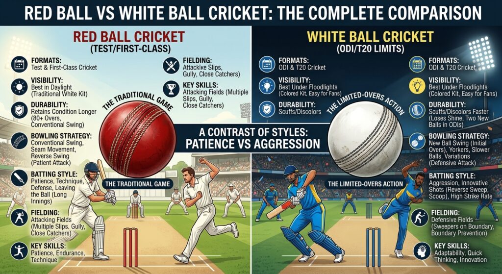 Red Ball vs White Ball Cricket: Differences, Rules, and Playing Styles